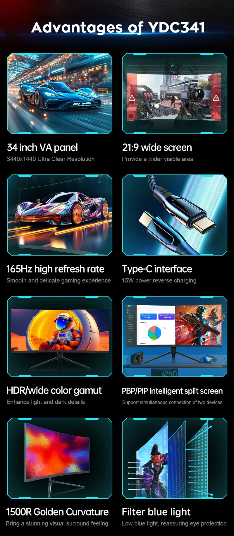 Monitor 34 Inch 4k 165Hz High Resolution 3440*1440P  Ultra-wide Lcd Computer Screen 1500R Curved LED Backlight Gaming Monitor