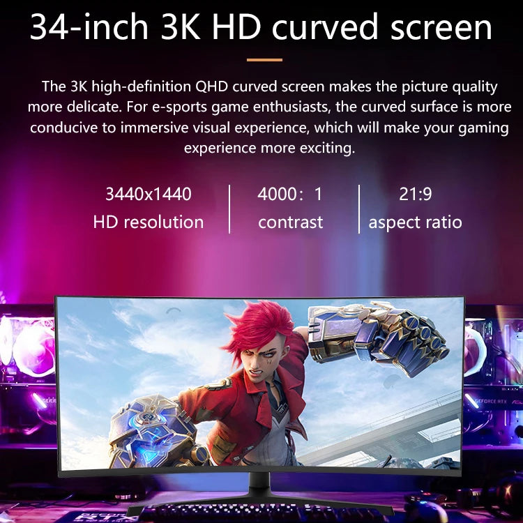 Factory Wholesale Oem 34 Inch Monitor Curved Screen 3440*1440 4k 165hz Rich Interface Led Monitor for Gaming